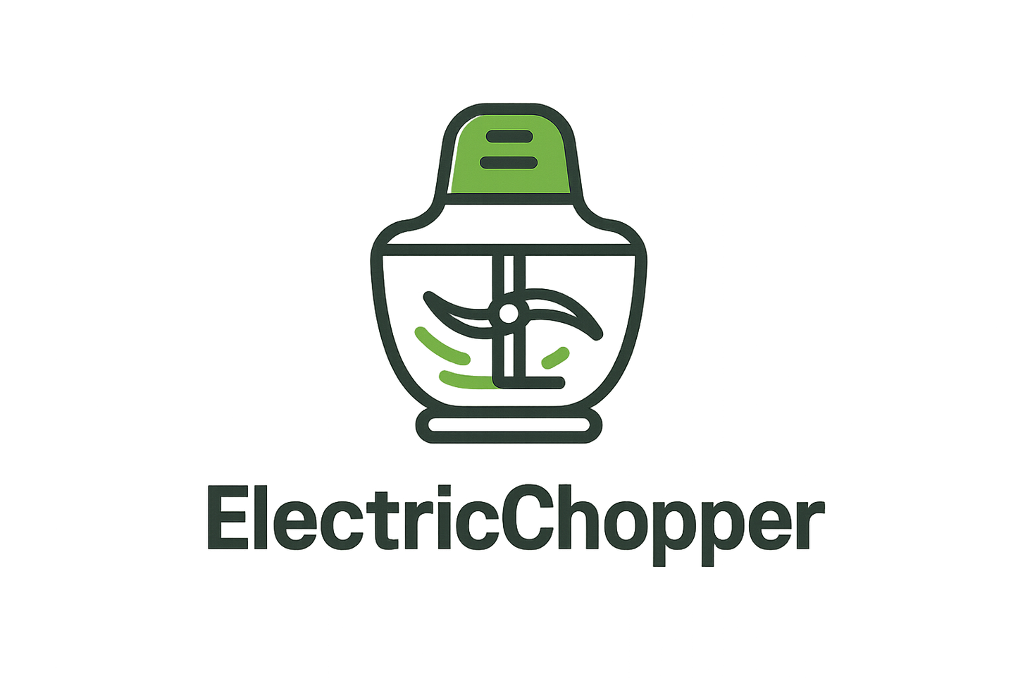 A modern, minimalistic logo for a kitchen appliance brand. The logo should feature a sleek outline of an electric chopper with spinning blades inside a bowl, symbolizing speed and efficiency. Use a combination of green (freshness/vegetables), silver/grey (stainless steel), and white (clean, modern look). The design should be simple, flat, and easily recognizable, suitable for packaging and online store branding. Add the brand name “ElectricChopper” in a bold, modern font beneath the icon.
