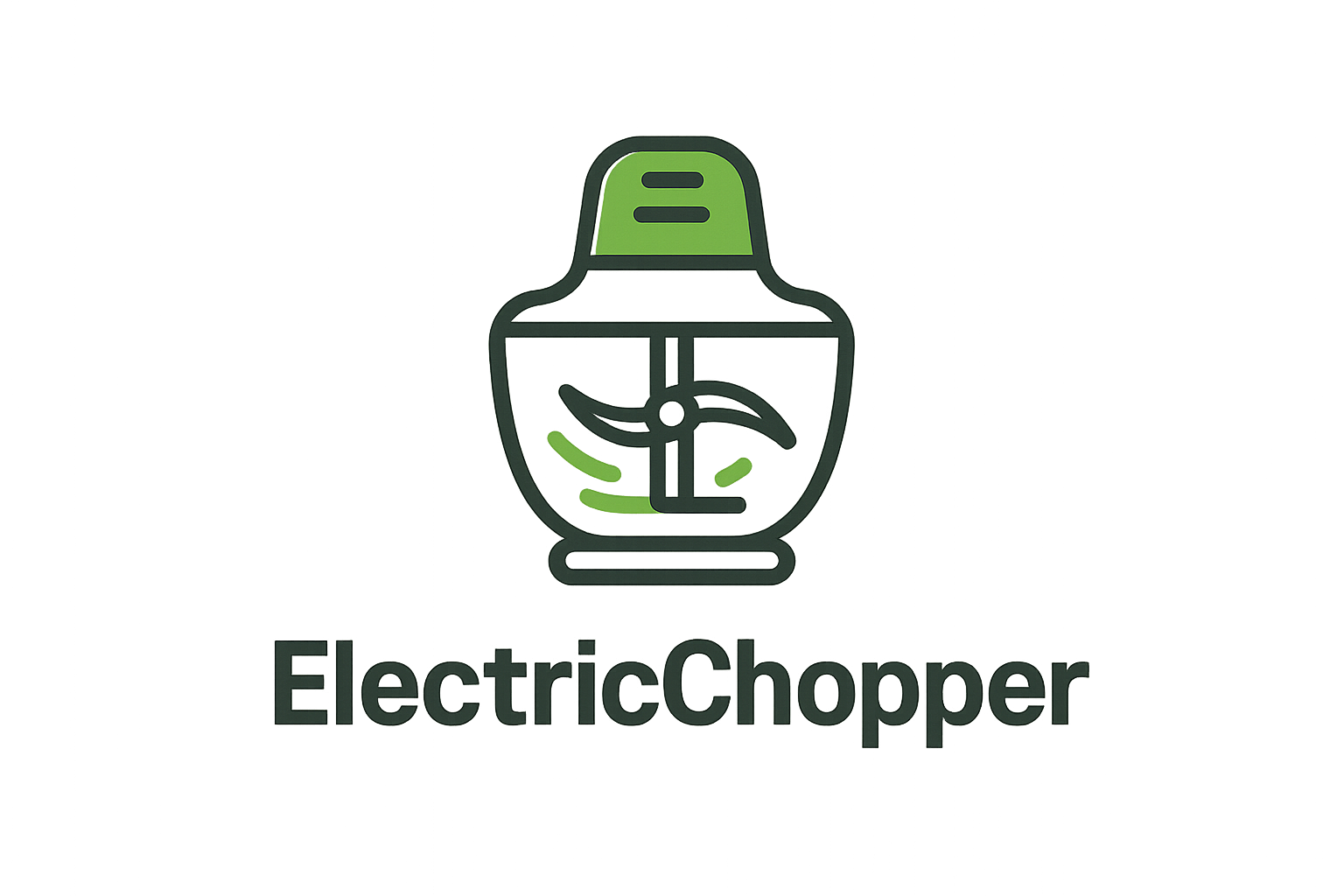 A modern, minimalistic logo for a kitchen appliance brand. The logo should feature a sleek outline of an electric chopper with spinning blades inside a bowl, symbolizing speed and efficiency. Use a combination of green (freshness/vegetables), silver/grey (stainless steel), and white (clean, modern look). The design should be simple, flat, and easily recognizable, suitable for packaging and online store branding. Add the brand name “ElectricChopper” in a bold, modern font beneath the icon.