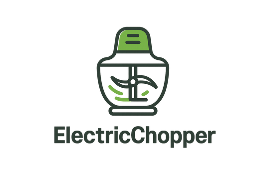 A modern, minimalistic logo for a kitchen appliance brand. The logo should feature a sleek outline of an electric chopper with spinning blades inside a bowl, symbolizing speed and efficiency. Use a combination of green (freshness/vegetables), silver/grey (stainless steel), and white (clean, modern look). The design should be simple, flat, and easily recognizable, suitable for packaging and online store branding. Add the brand name “ElectricChopper” in a bold, modern font beneath the icon.