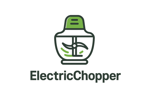 A modern, minimalistic logo for a kitchen appliance brand. The logo should feature a sleek outline of an electric chopper with spinning blades inside a bowl, symbolizing speed and efficiency. Use a combination of green (freshness/vegetables), silver/grey (stainless steel), and white (clean, modern look). The design should be simple, flat, and easily recognizable, suitable for packaging and online store branding. Add the brand name “ElectricChopper” in a bold, modern font beneath the icon.